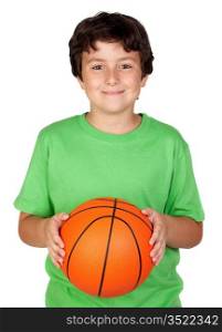 Beautiful child with basket ball isolated on white background