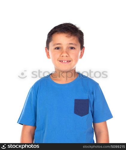 Beautiful child with blue tshirt and black hair isolated on a white background