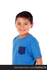 Beautiful child with blue tshirt and black hair isolated on a white background