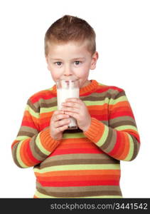 Beautiful child with glass of milk isolated on white background