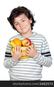 Beautiful child with many fruits isolated on white background
