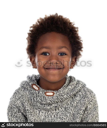 Beautiful child with wool jersey isolated on a white background