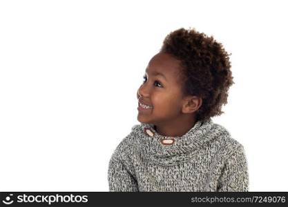 Beautiful child with wool jersey isolated on a white background