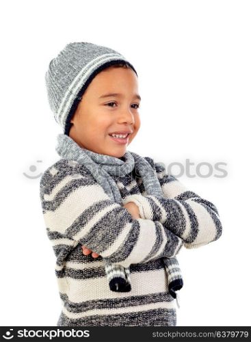 Beautiful child with wool scarf isolated on a white background