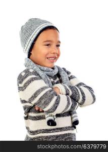 Beautiful child with wool scarf isolated on a white background