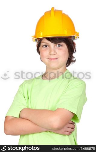 Beautiful child with yellow helmet isolated on a over white background