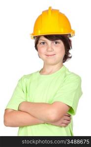 Beautiful child with yellow helmet isolated on a over white background