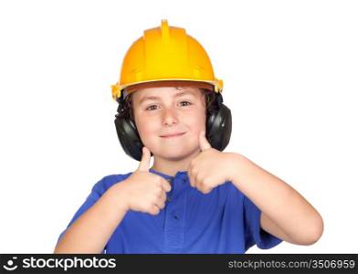 Beautiful child with yellow helmet saying OK isolated on a over white background