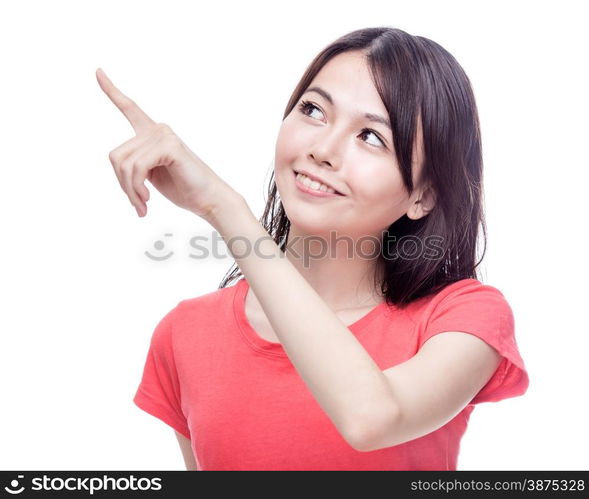 Beautiful Chinese woman pointing and looking