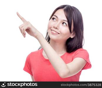 Beautiful Chinese woman pointing and looking