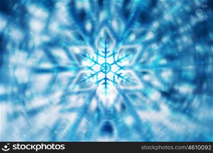 Beautiful Christmas background, abstract blue blurred backdrop, soft focus of festive snowflake, greeting card for winter holidays