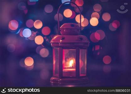 Beautiful Christmas decoration, retro style red lantern with candle inside over festive blurry bokeh background, happy New Year time