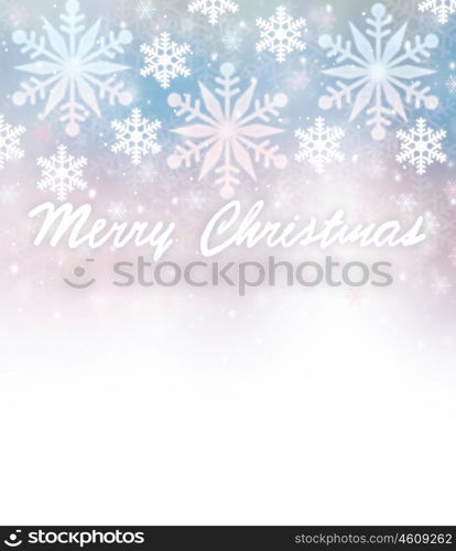 Beautiful Christmas greeting card border with wishes, falling snowflakes on blurry blue and pink background, text space, design for wintertime holidays