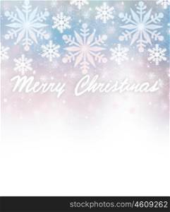Beautiful Christmas greeting card border with wishes, falling snowflakes on blurry blue and pink background, text space, design for wintertime holidays