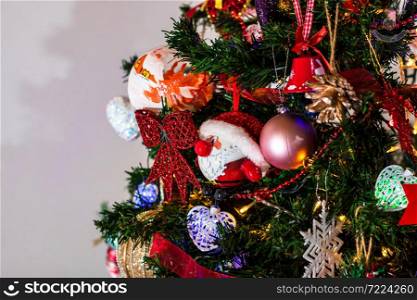 Beautiful Christmas ornaments and decorations hanging in the Christmas tree