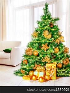 Beautiful Christmas tree at cozy home interior, many golden gift boxes, New Year decoration, winter time holidays, traditional Xmas tree