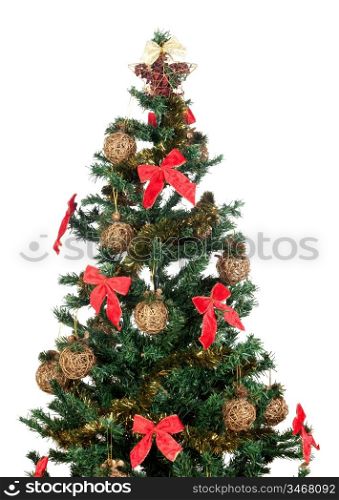 Beautiful Christmas tree with red ribbons and gold balls isolated on white background