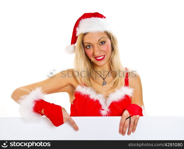 Beautiful christmas woman in santa hat holding empty board