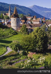 Beautiful city of Zug in the German-speaking area of Switzerland, taken in June 2022.