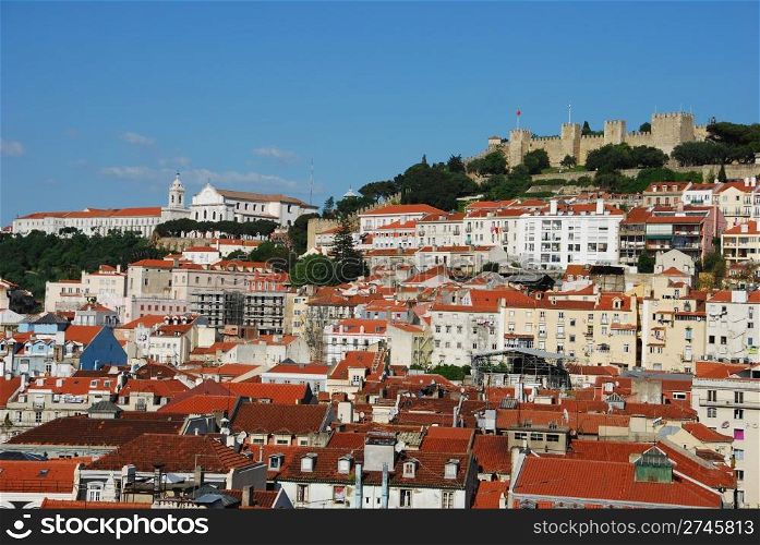 beautiful cityscape of Lisbon with Graca Church and Sao Jorge Castle, Portugal (from left to right)