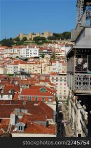 beautiful cityscape of Lisbon with Sao Jorge Castle and Santa Justa Elevator, Portugal