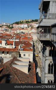 beautiful cityscape of Lisbon with Sao Jorge Castle and Santa Justa Elevator, Portugal