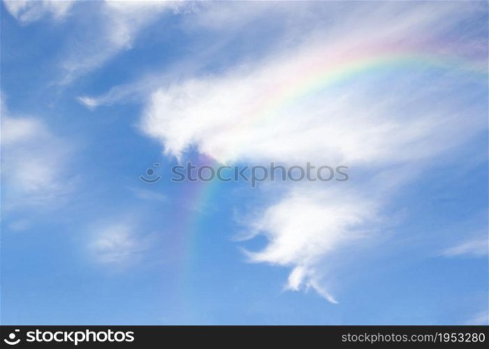 Beautiful Classic Rainbow Across In The Blue Sky After The Rain, Rainbow Is A Natural Phenomenon That Occurs After Rain, Rainbow Consists Of Purple, Indigo Blue, Blue, Green, Yellow, Orange And Red.