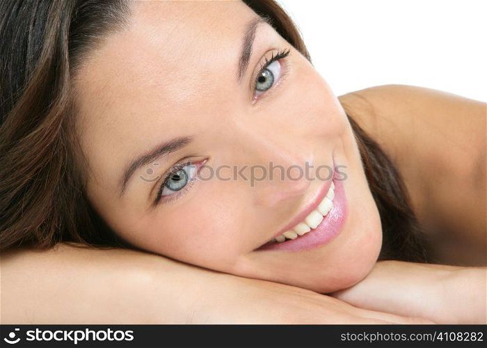 Beautiful clean cosmetics woman close up portrait over white