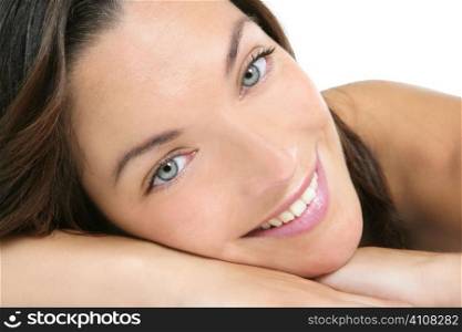 Beautiful clean cosmetics woman close up portrait over white