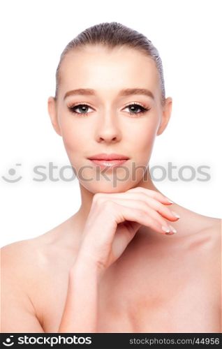 Beautiful clean face of woman, aesthetics skincare concept, on white.