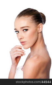 Beautiful clean face of woman from side, aesthetics exfoliating skincare concept, on white.