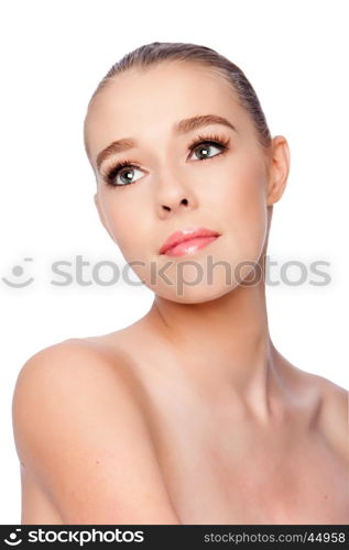 Beautiful clean face of woman looking up, aesthetics exfoliating skincare spa concept, on white.