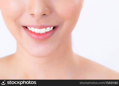 Beautiful closeup teeth of young woman isolated on white background, tooth and smile with fresh, dental and whitening, healthy and wellness, dentist and hygiene, expression with happy, mouth and lips.