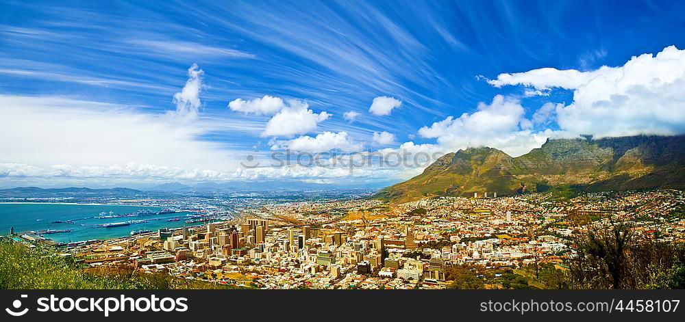 Beautiful coastal city landscape, Capetown, South Africa, high mountains, holiday and vacation concept