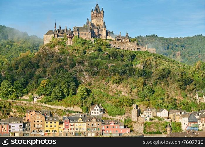 Beautiful Cochem town in Germany on Moselle river with Reichsburg castle on a hill