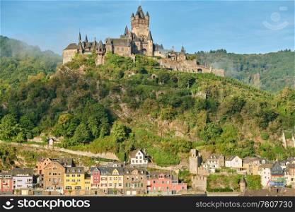 Beautiful Cochem town in Germany on Moselle river with Reichsburg castle on a hill