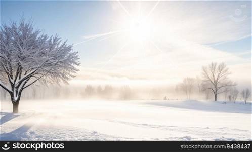 beautiful cold morning winter snow background with trees forest and mountain in the background, Gently snow view against the blue sky, free space for your decoration. for your decoration. Wide panoramic format.
