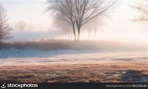 beautiful cold morning winter snow background with trees forest and mountain in the background, Gently snow view against the blue sky, free space for your decoration. for your decoration. Wide panoramic format.