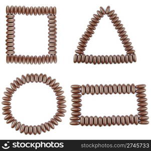 beautiful collection of 4 geometric shapes (square, triangle, circle, rectangle) with chocolate candies (isolated on white background)