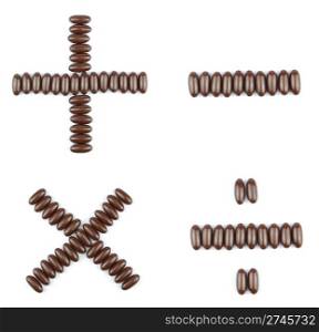 beautiful collection of arithmetic operations (multiplication, division, addition, subtraction) with chocolate candies (isolated on white background)