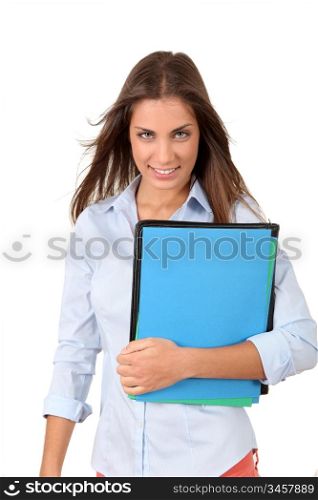 Beautiful college student holding folders