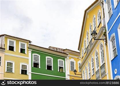 Beautiful colored facades of typical colonial-style buildings in Pelourinho in Savador, Bahia. Beautiful colored facades of typical colonial-style buildings