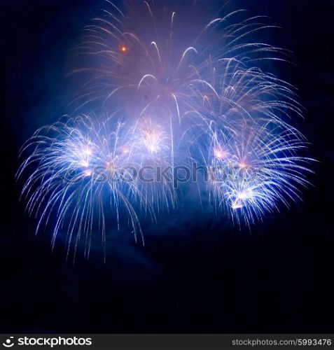 Beautiful colorful blue holiday fireworks on the black sky background