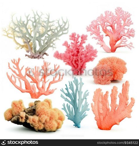 Beautiful colorful corals, isolated on white background. Set, collection. Underwater, marine life. Pastel colors. Generative AI. Beautiful colorful corals, isolated on white background. Set, collection. Underwater, marine life. Pastel colors. Generative AI.