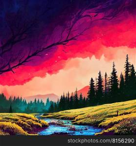 Beautiful Colorful Countryside and Cottage Illustration