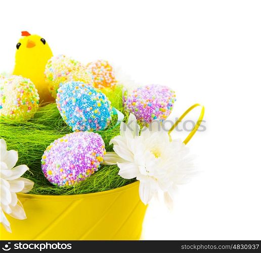 Beautiful colorful Easter eggs decorated with chicken toy isolated on white background, traditional christian eastertime symbol