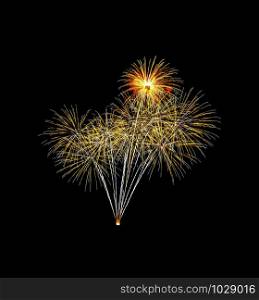 Beautiful colorful fireworks exploding in the night sky, isolated on black background. New year and anniversary concept.