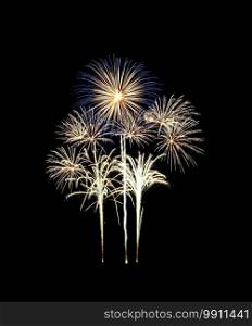 Beautiful colorful fireworks exploding in the night sky, isolated on black background. New year and anniversary concept.