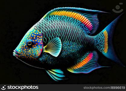 Beautiful  colorful fisch on  black background.  Image created with Generative AI technology