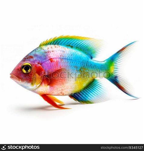 Beautiful colorful fish, isolated on white background. Ocean inhabitant, marine life. Undersea creature. Rainbow colors. Generative AI. Beautiful colorful fish, isolated on white background. Ocean inhabitant, marine life. Undersea creature. Rainbow colors. Generative AI.